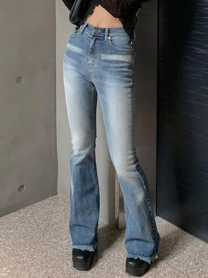 Washed High Waist Raw Hem Flare Slim Jeans