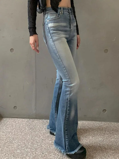 Washed High Waist Raw Hem Flare Slim Jeans