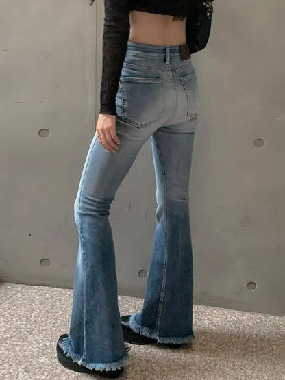 Washed High Waist Raw Hem Flare Slim Jeans