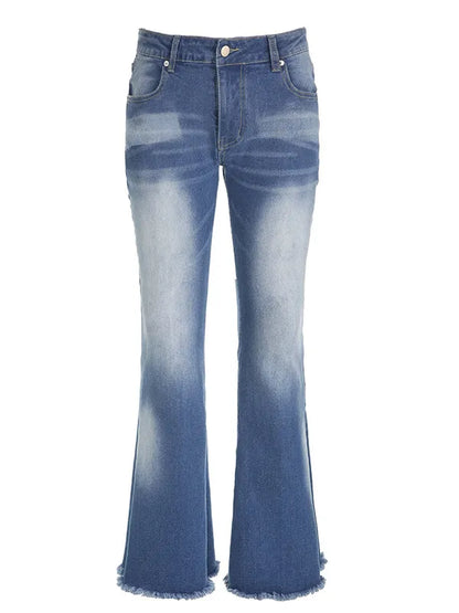 Washed High Waist Raw Hem Flare Slim Jeans