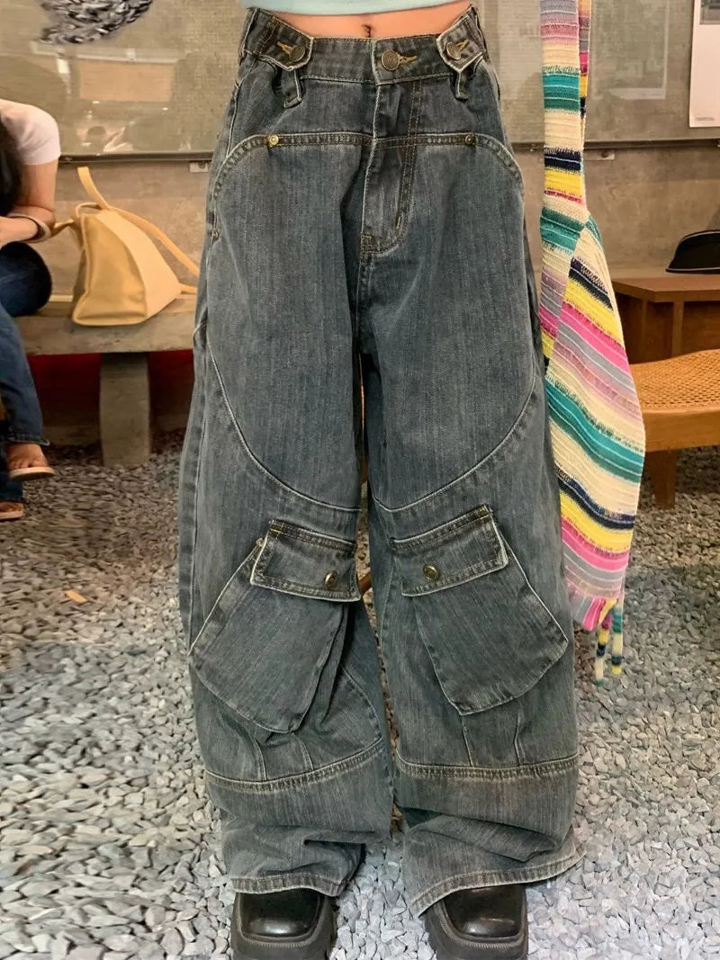 Washed Irregular Pocket Splice Cargo Jeans