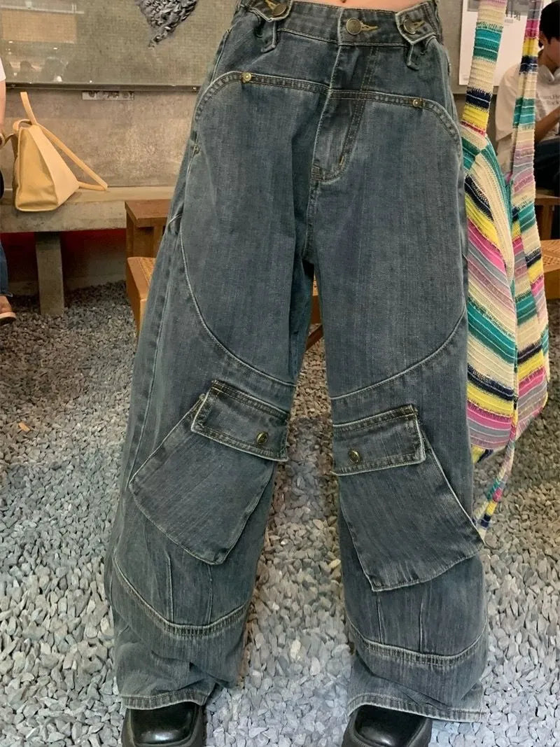 Washed Irregular Pocket Splice Cargo Jeans