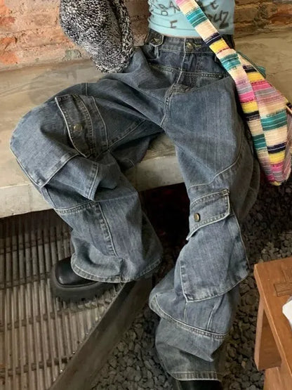 Washed Irregular Pocket Splice Cargo Jeans