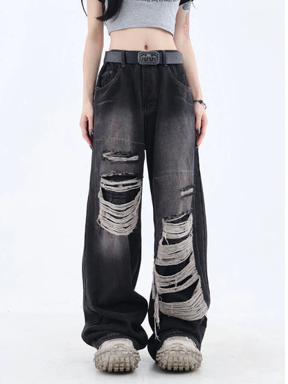 Washed Ripped Straight Leg Boyfriend Jeans