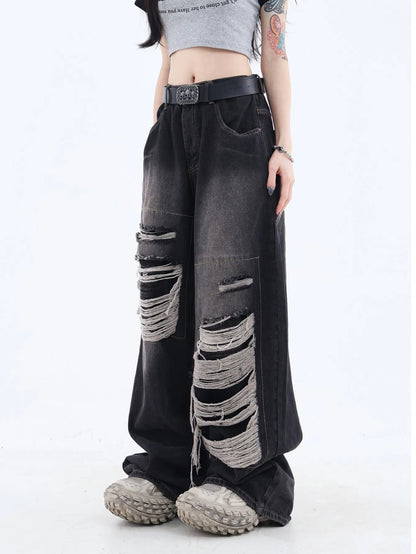 Washed Ripped Straight Leg Boyfriend Jeans