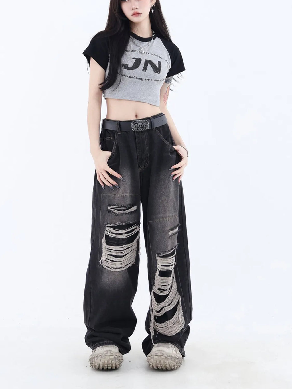 Washed Ripped Straight Leg Boyfriend Jeans