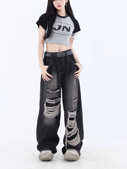 Washed Ripped Straight Leg Boyfriend Jeans