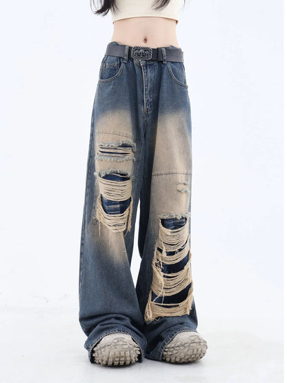 Washed Ripped Straight Leg Boyfriend Jeans