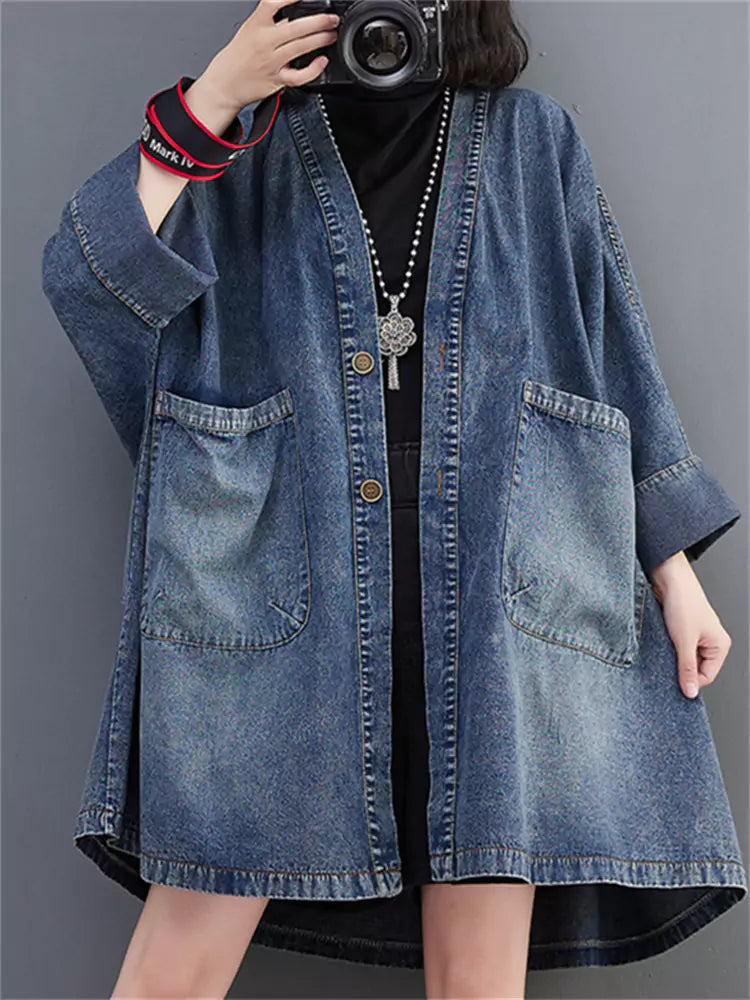 Women's Plus Size Washed V-Neck Coat Batwing Sleeve