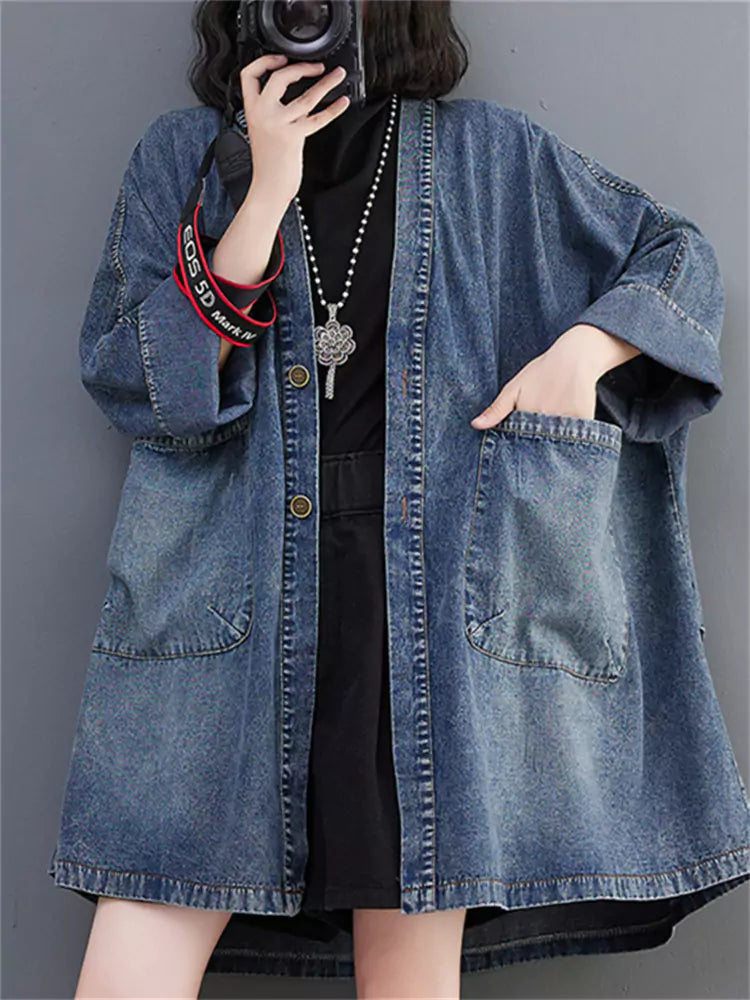 Women's Plus Size Washed V-Neck Coat Batwing Sleeve