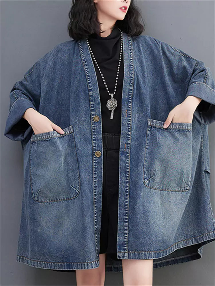 Women's Plus Size Washed V-Neck Coat Batwing Sleeve