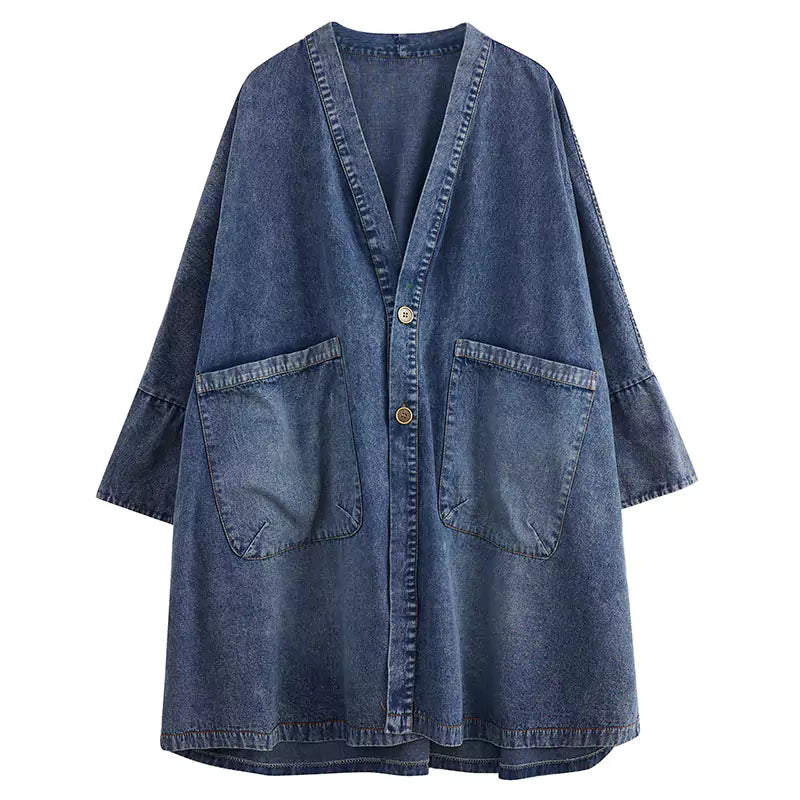 Women's Plus Size Washed V-Neck Coat Batwing Sleeve