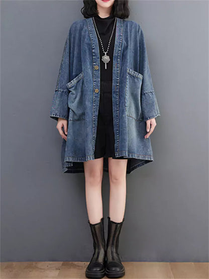 Damenmantel in Übergröße, gewaschen, V-Ausschnitt, Fledermausärmel