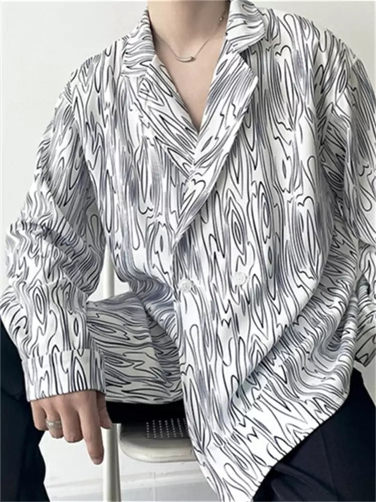 Camisa informal y elegante con solapa y estampado de ondas de agua para hombre