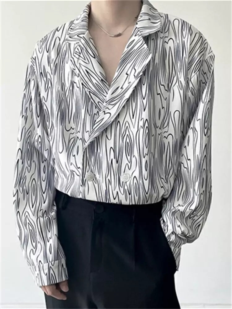 Camisa informal y elegante con solapa y estampado de ondas de agua para hombre