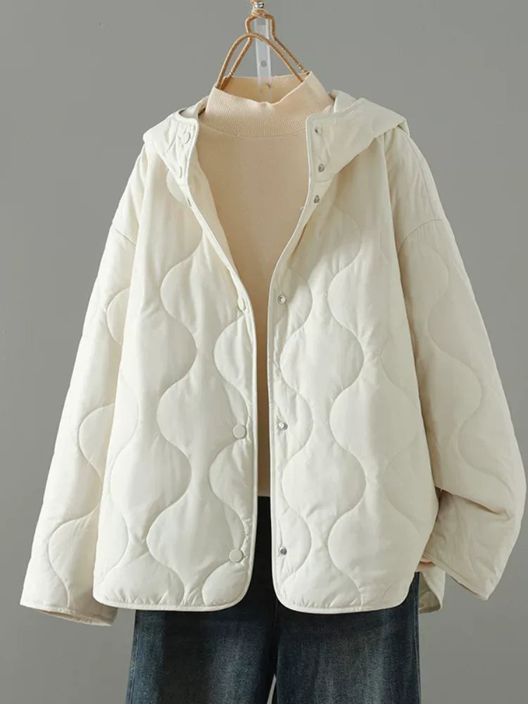 Wavy Quilted Hooded Snap Front Padded Jacket