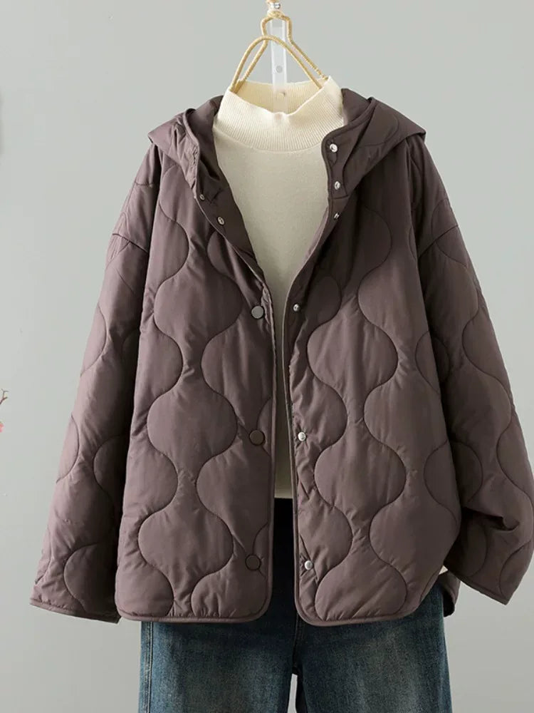 Wavy Quilted Hooded Snap Front Padded Jacket