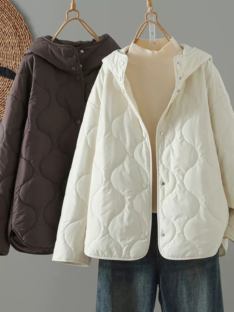 Wavy Quilted Hooded Snap Front Padded Jacket