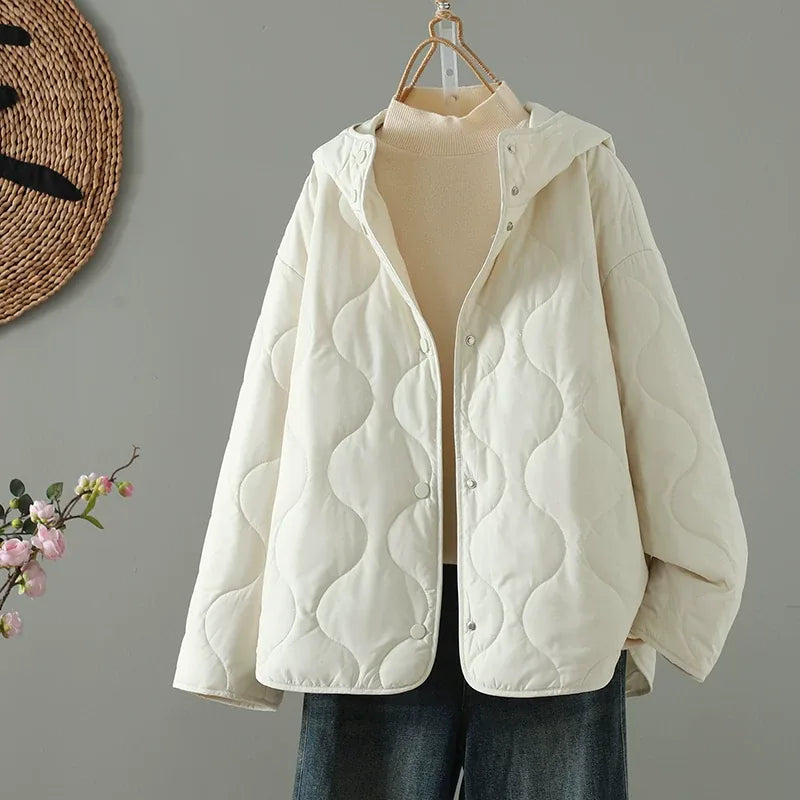 Wavy Quilted Hooded Snap Front Padded Jacket