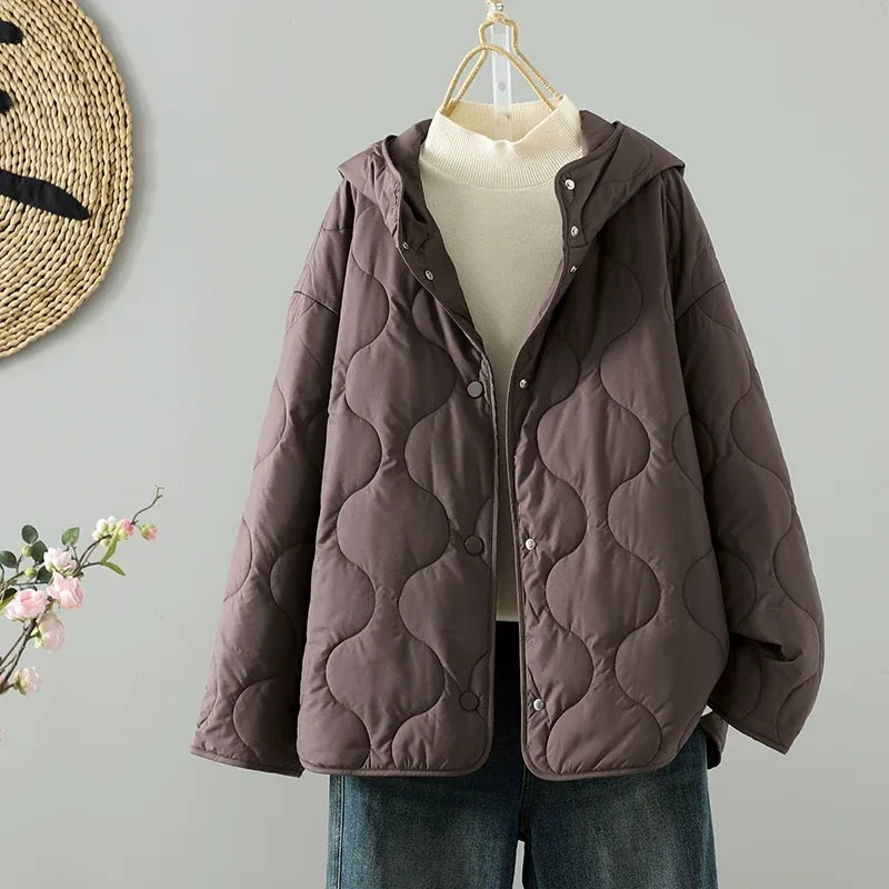 Wavy Quilted Hooded Snap Front Padded Jacket