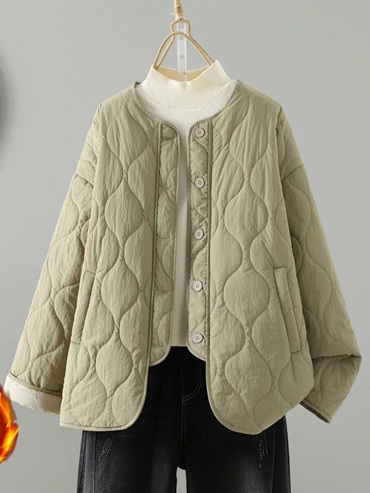 Wavy Quilted Padded Jacket Round Neck Button Front