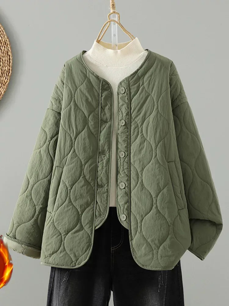Wavy Quilted Padded Jacket Round Neck Button Front