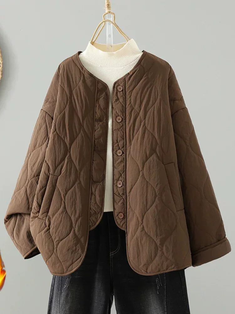 Wavy Quilted Padded Jacket Round Neck Button Front