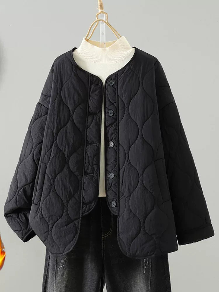 Wavy Quilted Padded Jacket Round Neck Button Front