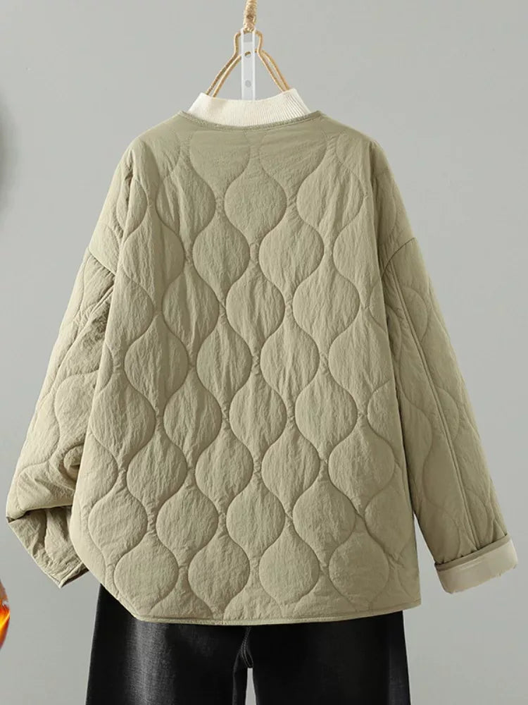 Wavy Quilted Padded Jacket Round Neck Button Front