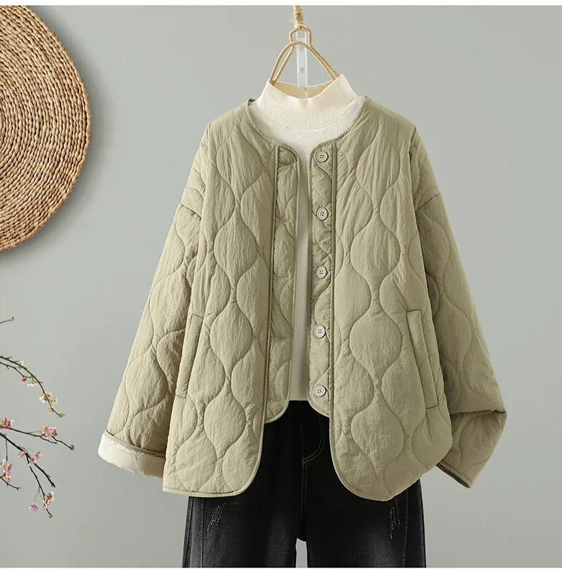 Wavy Quilted Padded Jacket Round Neck Button Front