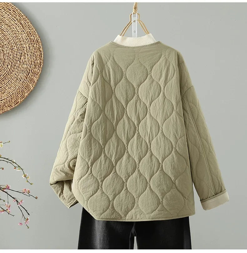 Wavy Quilted Padded Jacket Round Neck Button Front