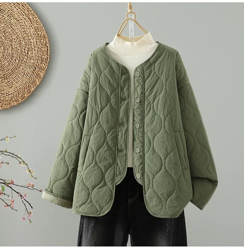 Wavy Quilted Padded Jacket Round Neck Button Front