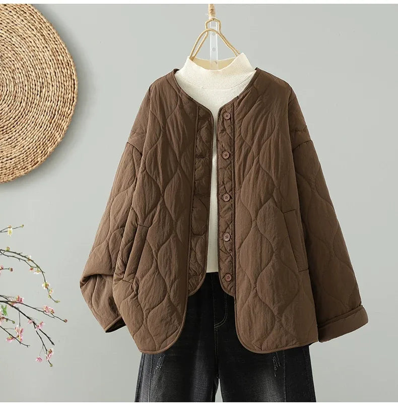 Wavy Quilted Padded Jacket Round Neck Button Front