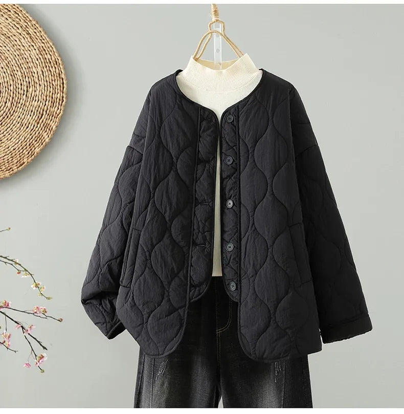 Wavy Quilted Padded Jacket Round Neck Button Front