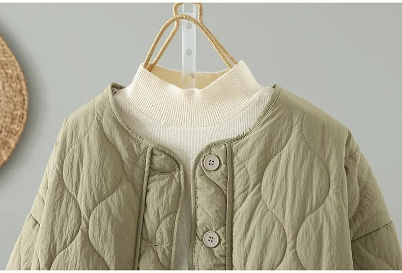Wavy Quilted Padded Jacket Round Neck Button Front