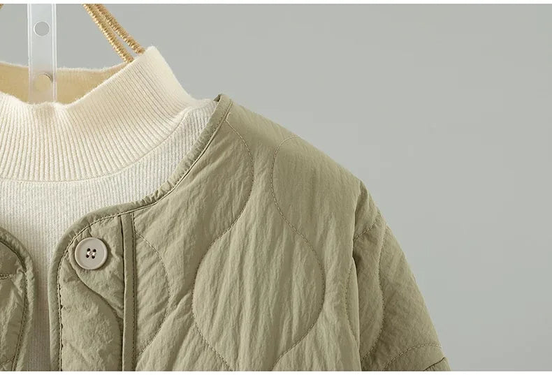 Wavy Quilted Padded Jacket Round Neck Button Front
