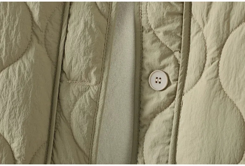 Wavy Quilted Padded Jacket Round Neck Button Front