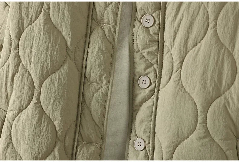 Wavy Quilted Padded Jacket Round Neck Button Front