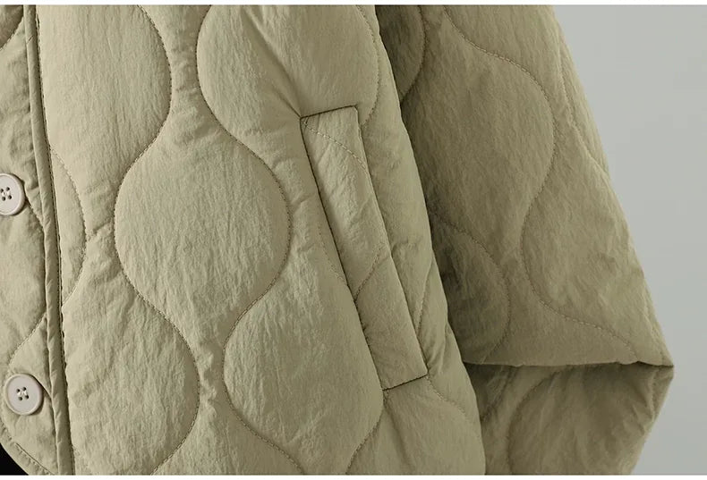 Wavy Quilted Padded Jacket Round Neck Button Front