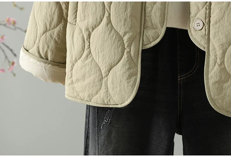 Wavy Quilted Padded Jacket Round Neck Button Front