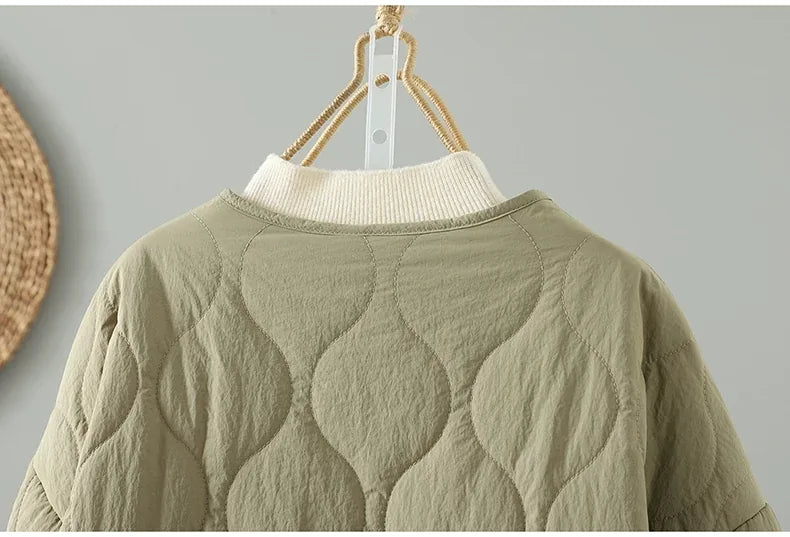 Wavy Quilted Padded Jacket Round Neck Button Front