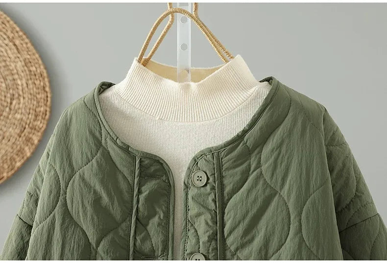 Wavy Quilted Padded Jacket Round Neck Button Front