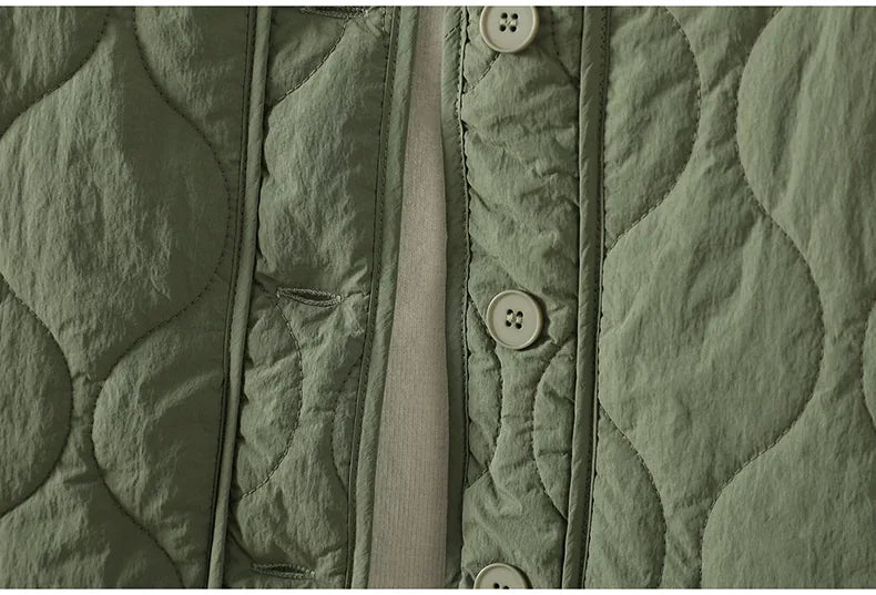 Wavy Quilted Padded Jacket Round Neck Button Front