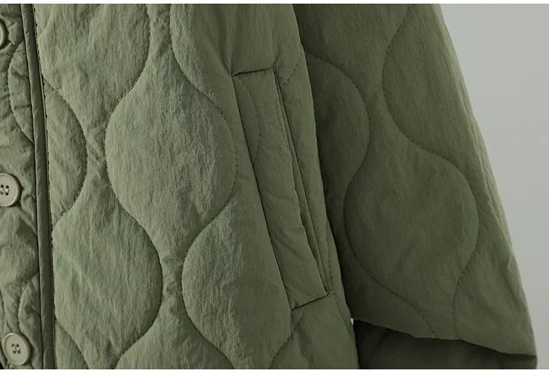 Wavy Quilted Padded Jacket Round Neck Button Front