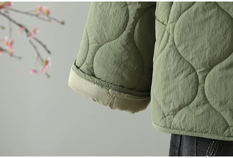 Wavy Quilted Padded Jacket Round Neck Button Front