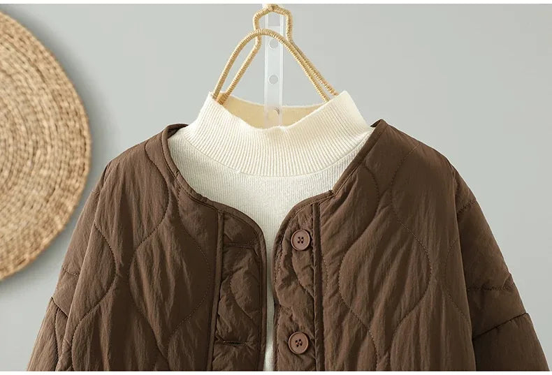Wavy Quilted Padded Jacket Round Neck Button Front