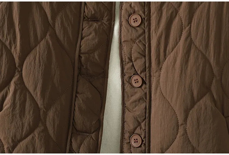 Wavy Quilted Padded Jacket Round Neck Button Front