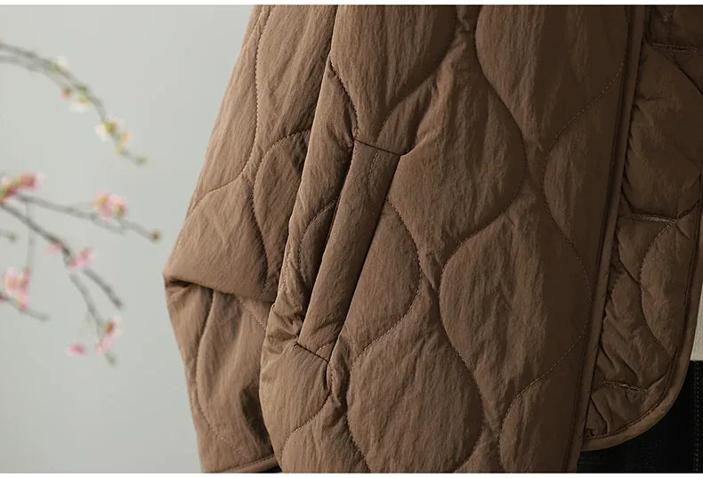 Wavy Quilted Padded Jacket Round Neck Button Front