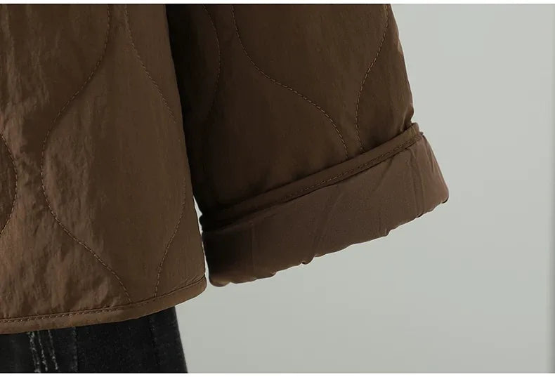 Wavy Quilted Padded Jacket Round Neck Button Front