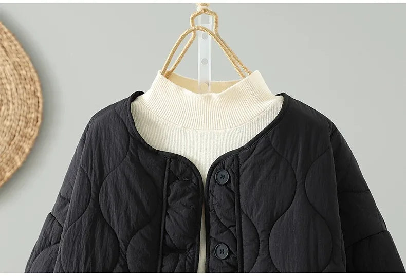 Wavy Quilted Padded Jacket Round Neck Button Front